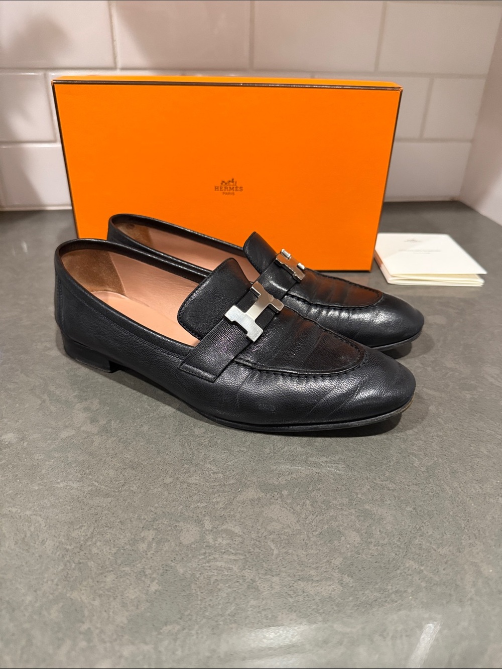 Hermes Paris Loafers Black Silver Hardware Size 37 European - Picture 1 of 9